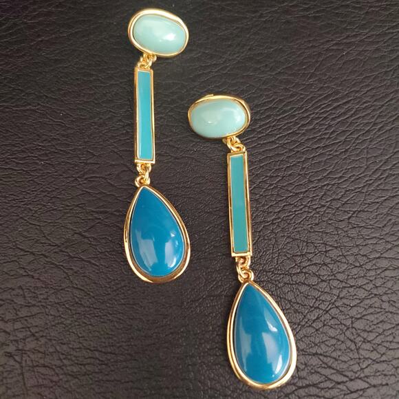 Trina Turk Long Dangle Earrings Gold Plated Shades of Blue Green - Picture 5 of 5